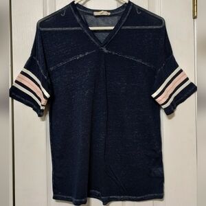 Navy V‑Neck Tee with Pink & White Striped Sleeves – Soft, Slightly Sheer Casual